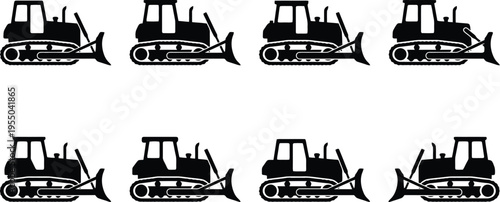 Eight black silhouettes of bulldozers arranged in two rows of four on a white background Keywords: bulldozer, construction equipment, heavy machinery, tractor, earthmover, silhouette, set