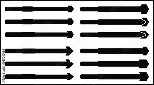 Collection of black arrow shapes with varying designs and points direction symbol