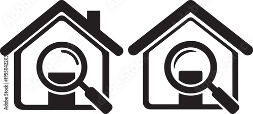 Two house icons with magnifying glasses, representing real estate search or property inspection, simple graphic symbols, Magnifying Glass