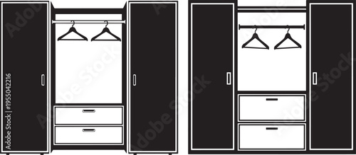 Silhouette Icons of Open Wardrobes or Closets with Hanging Clothes and Drawers, Suggesting Storage and Organization Solutions, Storage Solution