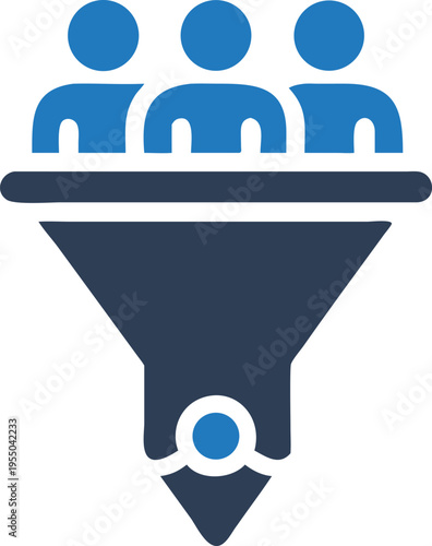 Three faceless blue figures above a funnel, representing audience segmentation and marketing strategies
