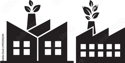 Eco-friendly Factory Icons with Leaf Symbol on Chimney, Representing Green Industry, Sustainable Manufacturing, and Environmental Consciousness, Black And White