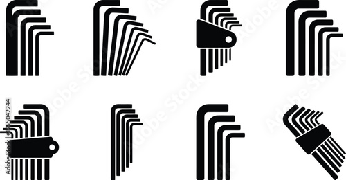 Collection of black silhouette icons representing various sets of hex keys or Allen wrenches tool