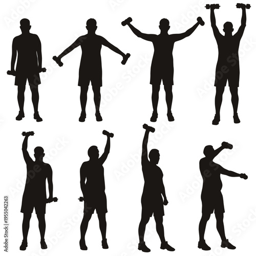 Silhouette of man working out with dumbbells. Vector illustration of boy doing fitness exercises with weights for muscles of arms. Icons of sport poses isolated on white background.