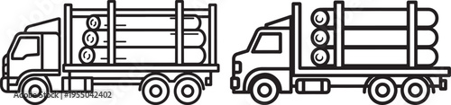 Two flatbed trucks carrying long pipes or logs, black and white illustration for logistics, transport, and industry