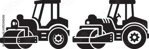 Road roller or steamroller vehicle, black and white illustration for construction, paving, and road maintenance, Heavy Machinery