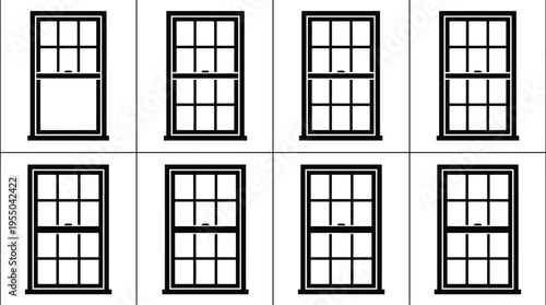 Collection of eight black and white illustrations of double hung windows with different sash positions