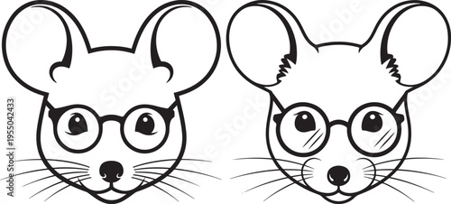 Two mice heads with round glasses, black and white illustration for curiosity, intelligence, or cute rodent themes