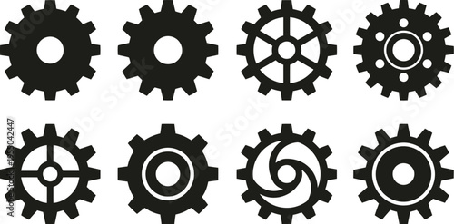 Collection of Eight Black Silhouette Gear Icons With Different Designs wheel mechanical