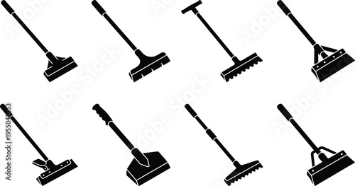 Collection of eight black silhouette cleaning tools including scrapers and rakes on a white background