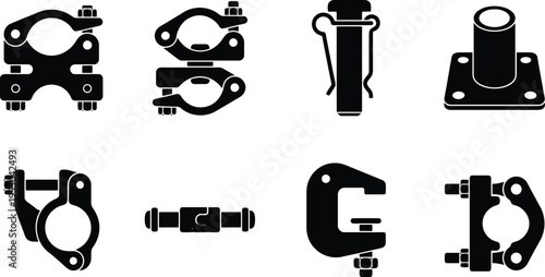 Collection of eight black silhouette icons depicting various types of clamps and connectors hardware