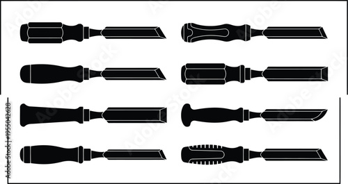 Collection of eight black silhouette icons of various woodworking chisels with different handle shapes