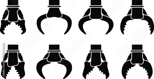 Collection of eight black silhouette robotic claws and grippers in various open and closed positions