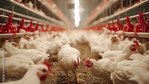 White Chickens in Modern Industrial Poultry Farm House