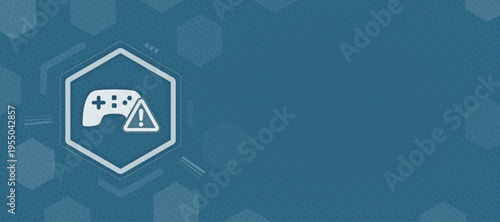 Gaming addiction alert vector illustration with game controller and warning sign on blue background with copy space for esports and video game safety