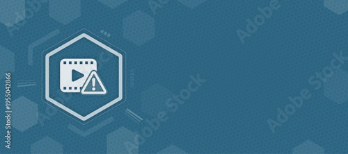 Video content warning icon vector on blue hexagonal background for media error playback issues and digital content alert with copy space