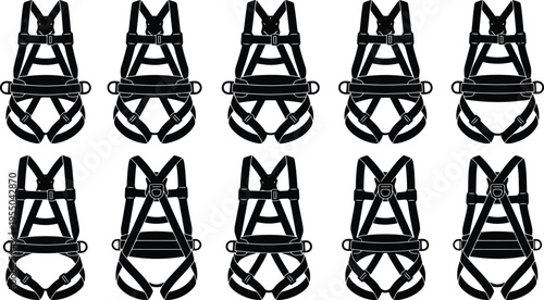 Collection of ten black silhouette icons of safety harnesses for industrial work on a white background