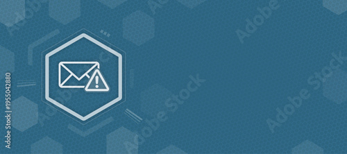 Email security alert vector with envelope and warning sign on blue hexagonal background for phishing and spam protection with copy space