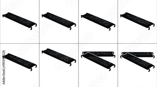 Eight Black Industrial Grating Platforms with Legs on a White Background metal grating walkway