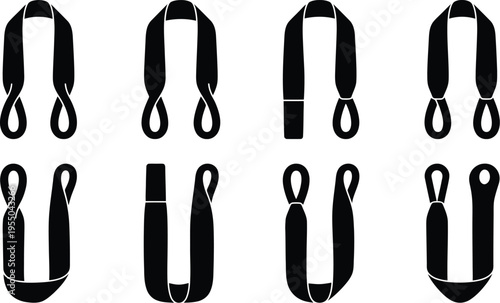 Eight Black Lifting Slings in Various Configurations on a White Background hoist sling webbing sling