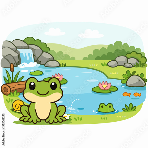 Cute frog near river cartoon forest animal vector illustration. Adorable frog character in water landscape with pond, cute amphibian illustration for kids. 