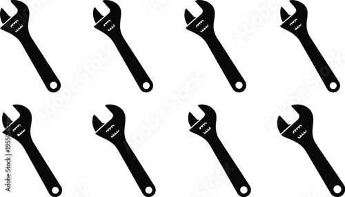 Eight Black Silhouette Adjustable Wrenches on White Background spanner tool