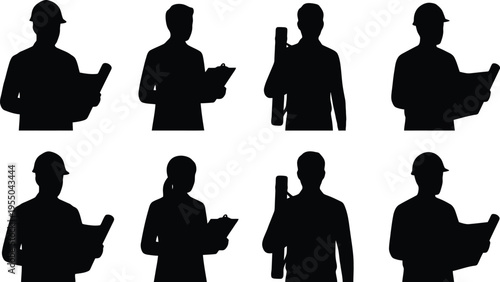 Eight Black Silhouette Architects or Engineers with Blueprints and Clipboards on a White Background plan