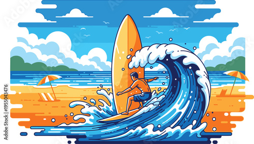 Man surfing on a large wave at a tropical beach resort destination