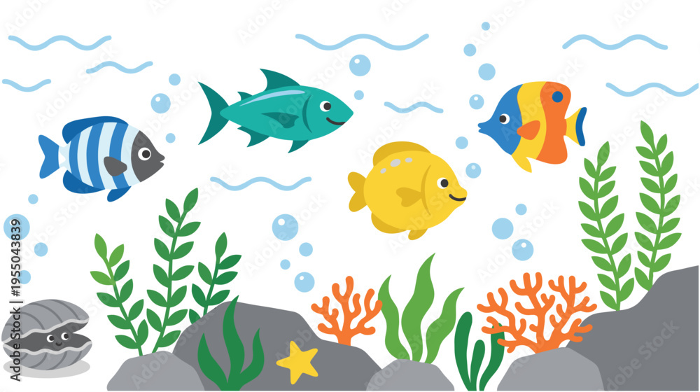 Obraz premium Underwater ocean scene with colorful fish seaweed and coral vector