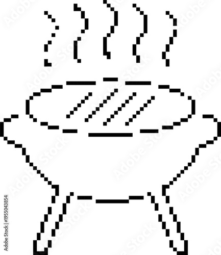Pixel grill icon in retro 8-bit style. Barbecue cooking vector illustration isolated on white background.