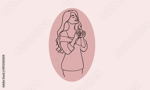 Minimalist continuous line art of a woman in off-the-shoulder outfit holding a coffee cup with closed eyes, pensive portrait, serene aesthetic pink illustration. 
Vector illustration