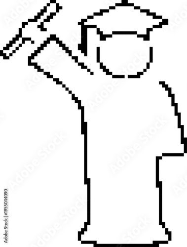 Pixel graduate icon in retro 8-bit style. Student with graduation cap vector illustration isolated on white background.