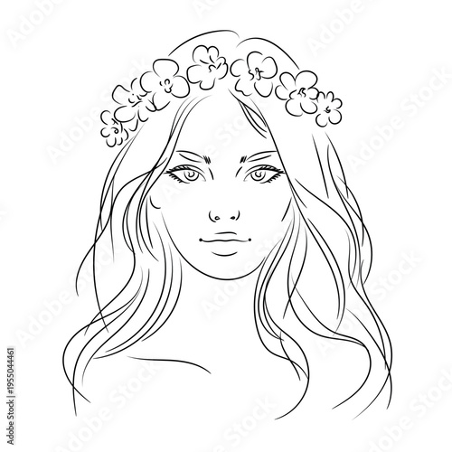 Beautiful woman portrait in a flower wreath, elegant female avatar with long hair, flat vector illustration in line graphics style isolated on white background.