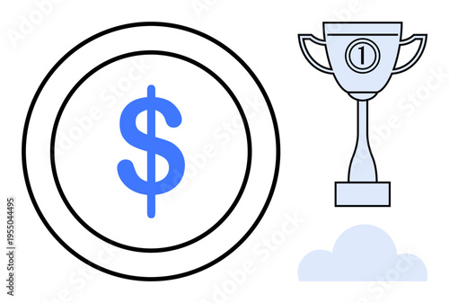 Financial success. Dollar symbol alongside a trophy and cloud financial success, rewards, and achievement. Financial success associated with incentives and progress. For business, rewards