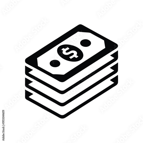 Stacked monochrome money bills display financial wealth and currency value icon