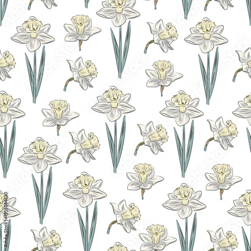 Seamless pattern floral with daffodils, elegant spring narcissus flowers with leaves, flat vector background for fabric, wallpaper and surface design.