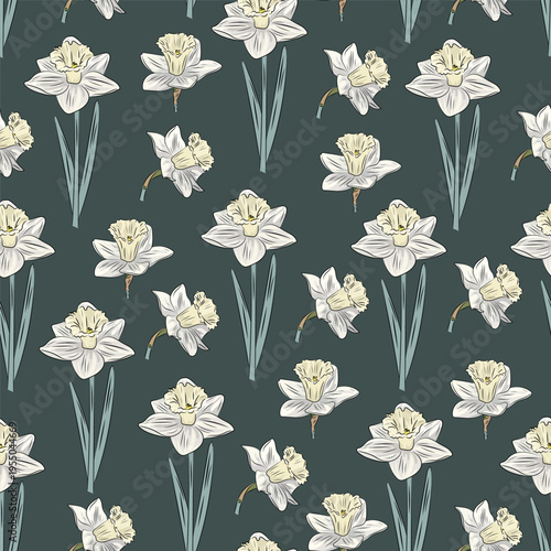 Seamless pattern floral with daffodils, elegant spring narcissus flowers with leaves, flat vector background for fabric, wallpaper and surface design.