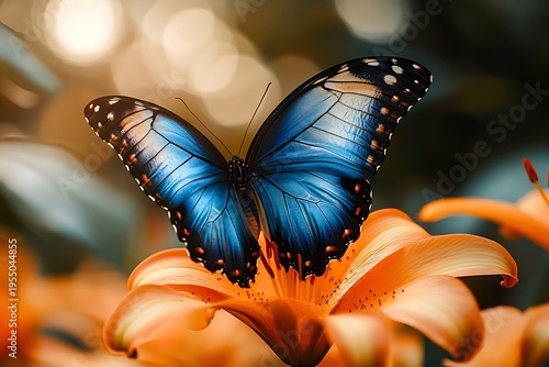 A vibrant blue butterfly perched on an orange flower in a natural setting