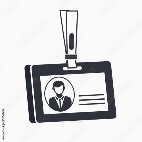 Identification badge featuring a man in a suit and tie is hanging from a lanyard