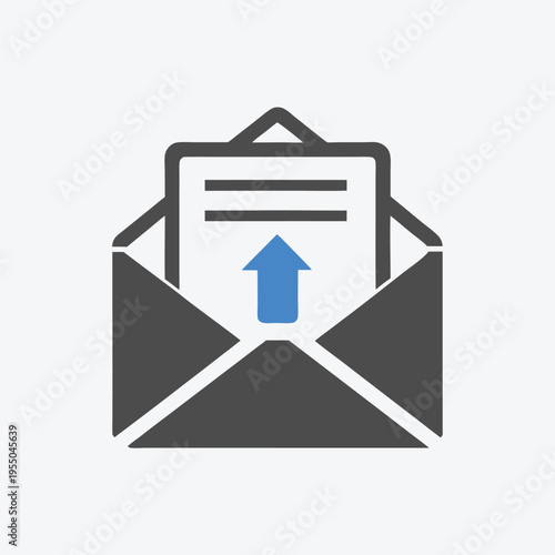 A blue arrow ascends from gray open envelope carrying message notification online