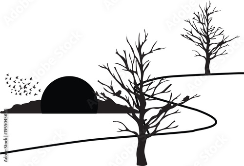 Minimalist landscape silhouette with bare trees, birds flying, and rising sun on a winding path.