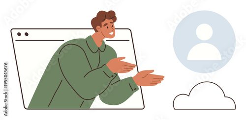 Online communication, digital interaction, cloud networking, virtual collaboration, user connection, technology interface. Man extending hands from web browser window. Online communication