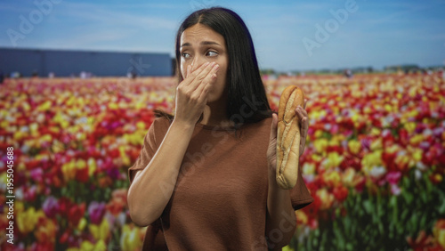 Photos Woman holding baguette while pinching nose in studio tulip field with bright flowers and bread; disgust nausea