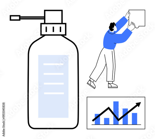 Business growth concept. Business elements include a sanitizer bottle, puzzle piece integration, and a graph showing upward growth. Business success, collaboration, hygiene, strategy, and development