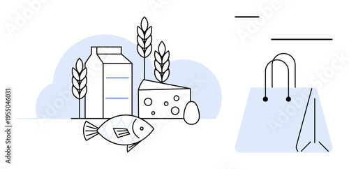 Nutrition, food shopping, healthy living, grocery planning, food sustainability, balanced diet. Milk carton, cheese egg fish wheat near shopping bag. Nutrition and food shopping theme