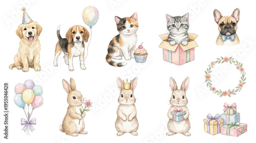 Watercolor cute pets and rabbits collection with birthday decorations, balloons, gifts and floral elements, perfect for kids design and nursery art Collection of Vector illustrations. 