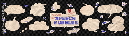 Set of beige comic sheet torn with scribble talking balloons and message label. Speech bubble sticker dialogue box bundle kit. Scrapbook paper piece idea crafts for collage on like transparent png bg