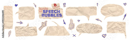 Speech bubble sticker dialogue box bundle kit. Set of beige comic sheet torn with scribble talking balloons and message label. Scrapbook paper piece idea crafts for collage with hands arrows and heart
