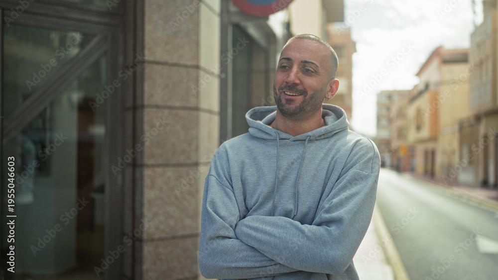 Obraz premium Man with arms crossed smiling, face visible, wearing grey hoodie beside stone building on a street; urban calm.