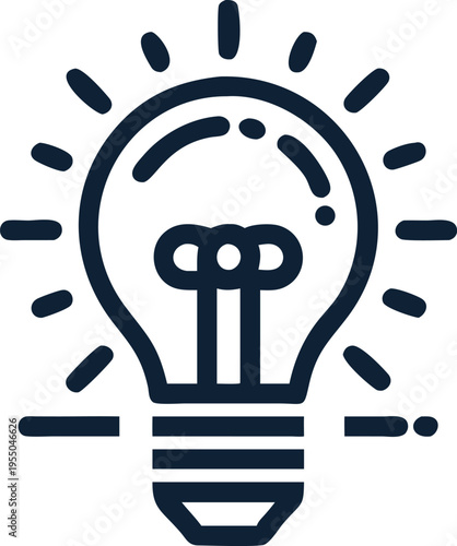 Solid black light bulb emits radiating lines against white background, enhancing simplistic appeal